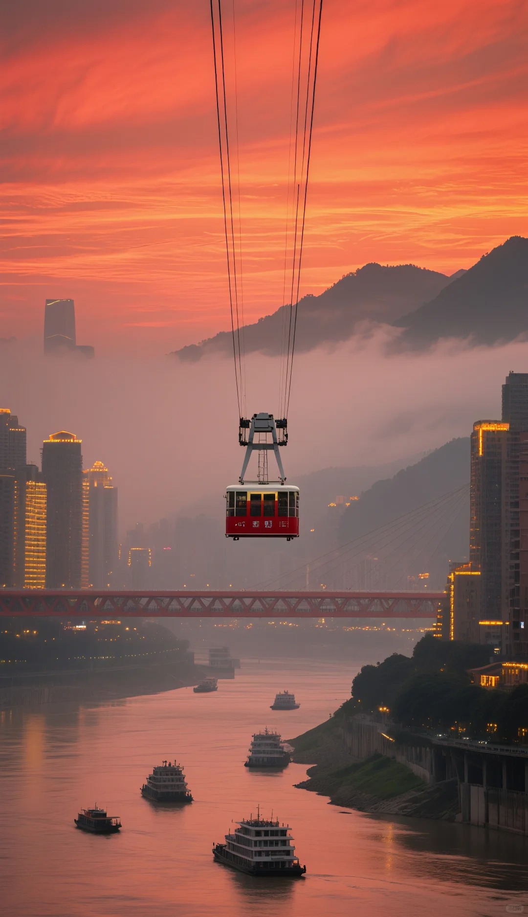 Yangtze River Cableway cabin flying across the river during golden hour sunset
